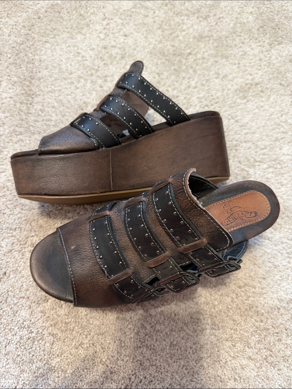 Women's FREEBIRD Brown and Black Platform Slide Sandals with Studded Straps